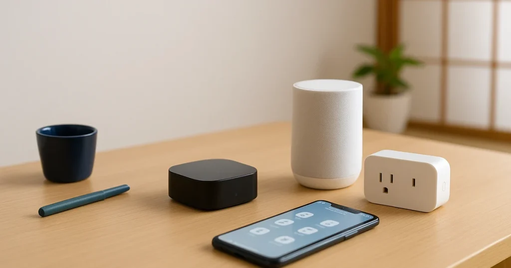 スマートホーム入門の意図を直感化。中央に赤外線リモコンを主役、音声スピーカーと2口スマートプラグを添え、賃貸でも始めやすい最小構成を写真風で表現。