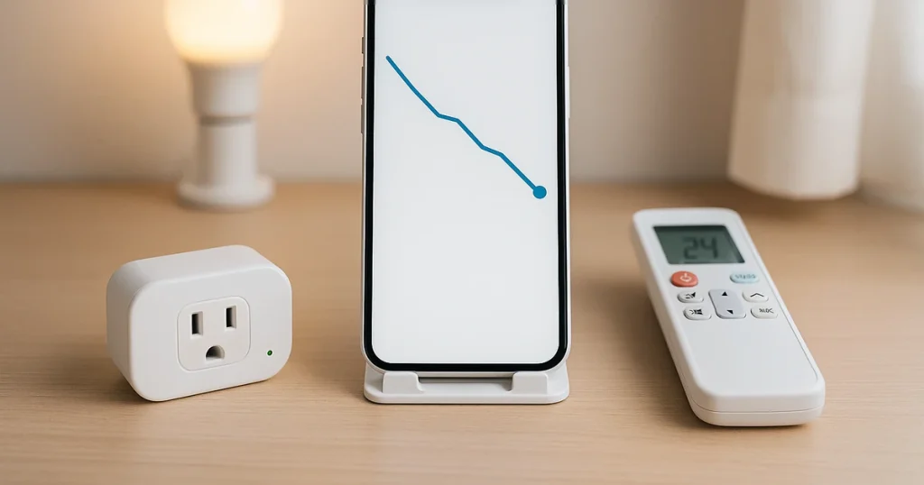 スマートホームで電気代を下げる方法を直感化。日本の室内でスマートプラグ・リモコン・スマホを並べ、下降グラフで自動化と待機電力対策のイメージを伝える