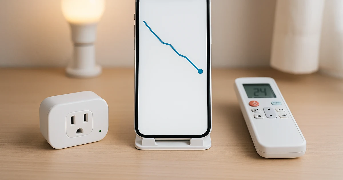 スマートホームで電気代を下げる方法を直感化。日本の室内でスマートプラグ・リモコン・スマホを並べ、下降グラフで自動化と待機電力対策のイメージを伝える