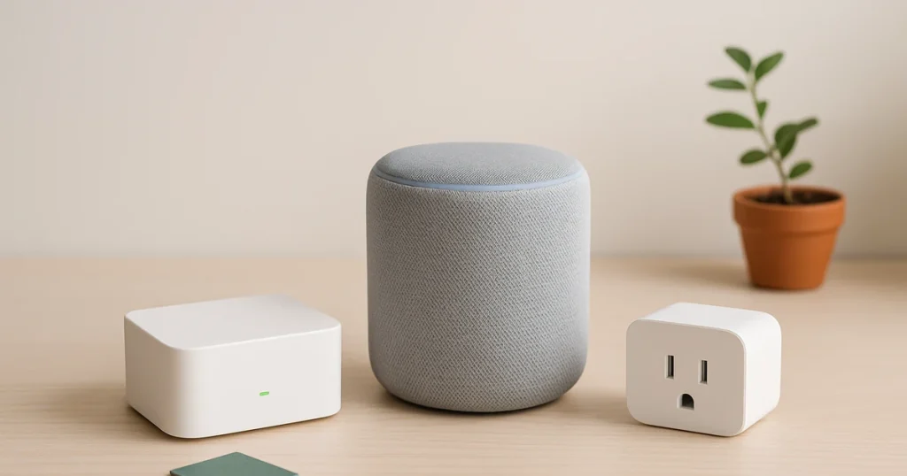 スマートホームのエコシステム比較を直感化。中央に汎用ハブと音声スピーカー、近くにスマートプラグを置き、互換性や選び方の要点を連想させる写真