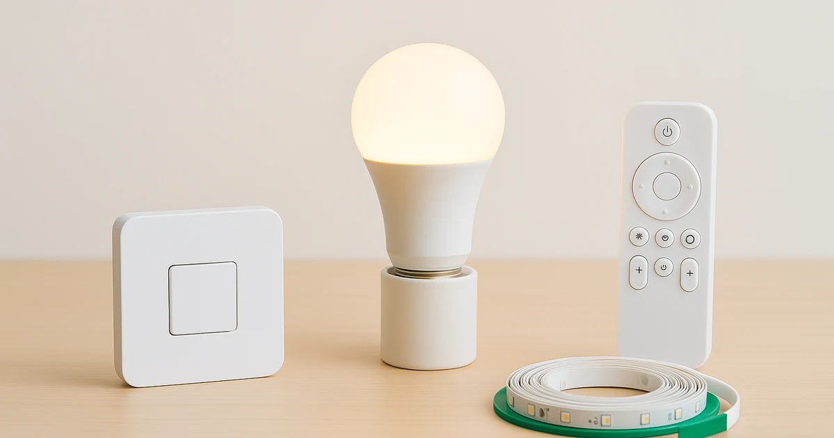 スマート照明の比較ガイド向け。中央に無印のE26スマート電球、左に壁スイッチ、右にライトテープと汎用リモコンを添え、日本の住環境での方式と機器選びを象徴する写真風構図。