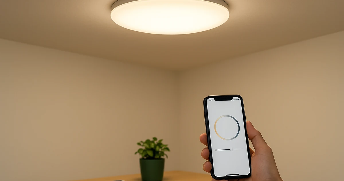 工事不要で始められるスマートシーリングライトの雰囲気を写真で表現。円形LEDを主役に、スマホ操作やリモコン、小型観葉植物を添えて選び方の意図を示す