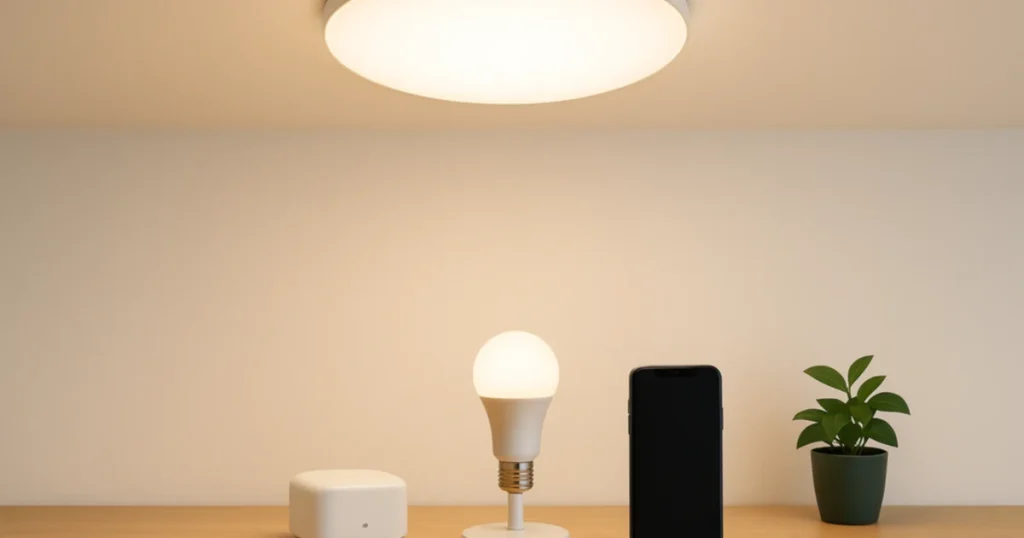 スマート照明の最適構成を示す写真風。天井の丸型ライトと電球、スマホ、ハブを中央寄せで配置し、Matter対応の選び方と導入手順の検索意図に合致