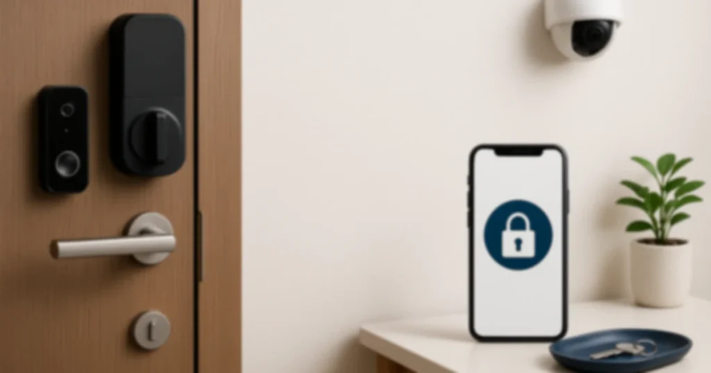 玄関のスマートロックとドアベル、室内カメラ、スマホ操作画面を日本の住まい文脈で写実的に配置。防犯機器の選び方と導入のイメージを直感化。