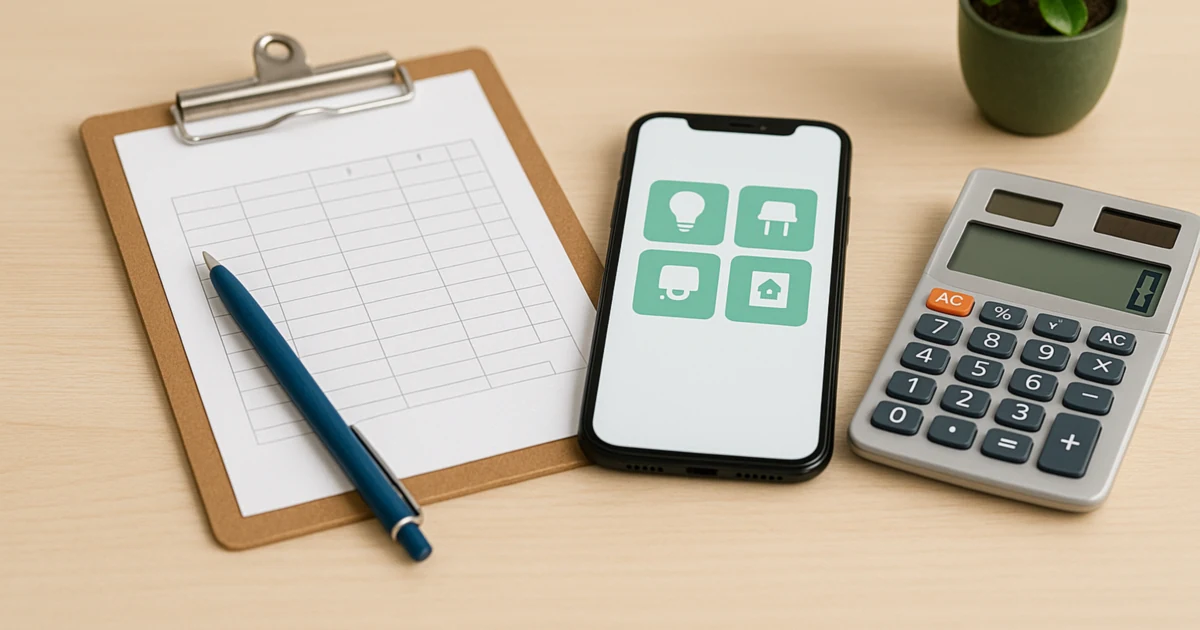 スマートホームの見積もりと費用比較を連想させる、白背景の机上にクリップボード・スマホ・電卓と小さな観葉植物を添え、依頼手順と相見積もりのイメージを静かに示す写真