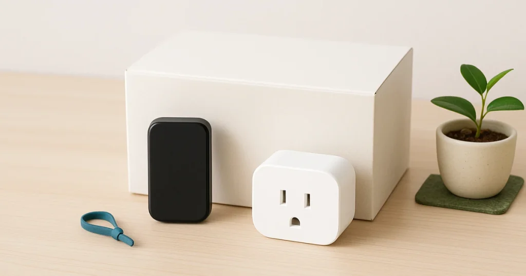 スマートホームのスターターキット選びを直感化。白い箱を主役に赤外線リモコンとスマートプラグを中央配置し、最小構成と比較の要点を伝える写真風。