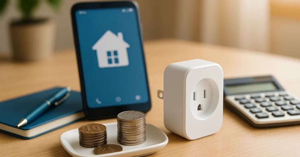 スマートホームの価格相場を直感化。日本のリビングの白い机にスマートプラグと電卓、円硬貨、小型観葉植物を配し、自然光2700Kでやわらかな陰影。費用感・初期費用と月額の比較意図が伝わる写真風構図（ロゴなし・日本文脈）。