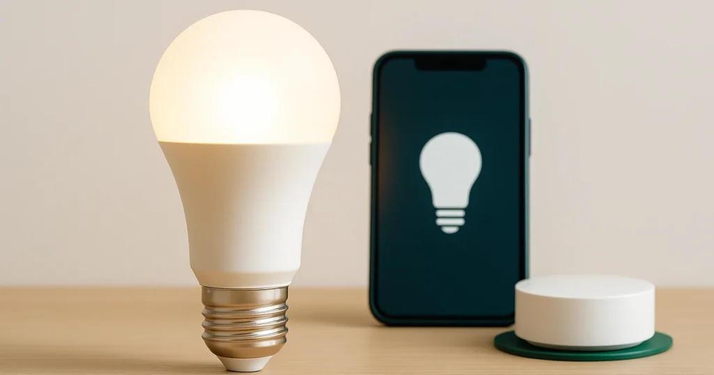 スマート電球の選び方とおすすめを想起させる写真風構図。中央に点灯したE26スマートLED、脇に無地スマホと白い小型ハブを添え、日本の室内での導入を表現。