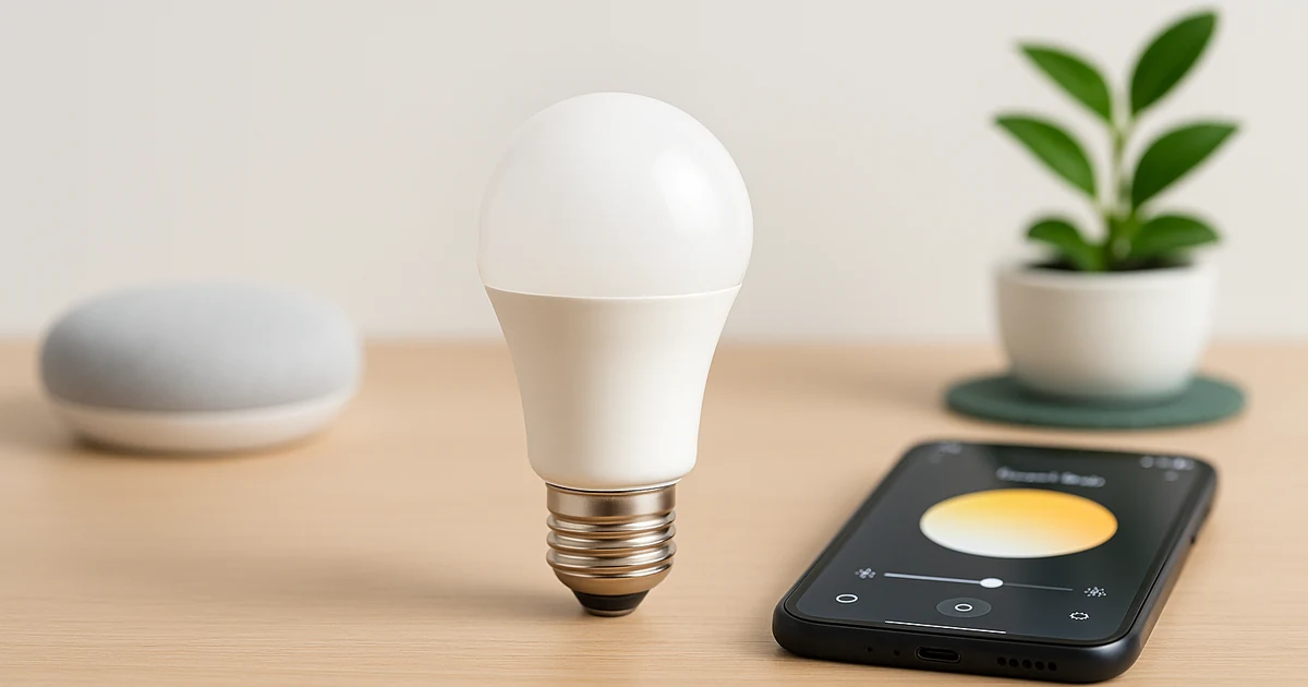 日本のE26口金スマート電球を主役に、無地スピーカーと小型グリーンを添えた写真風。自然光2700Kで白背景に広い余白、Matter連携など比較検討の検索意図を示す。