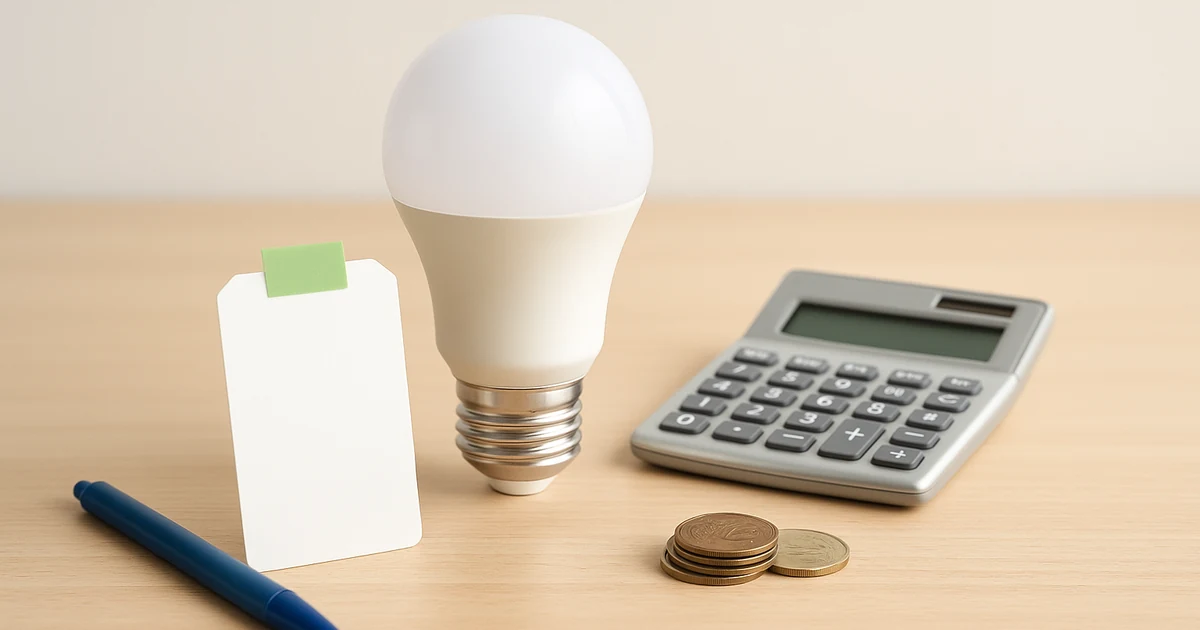 スマート照明の価格相場を直感化。中央の電球を主役に、電卓と数枚の硬貨を添えて、初期費用や月額の目安・選び方の検討を想起させる写真構図。