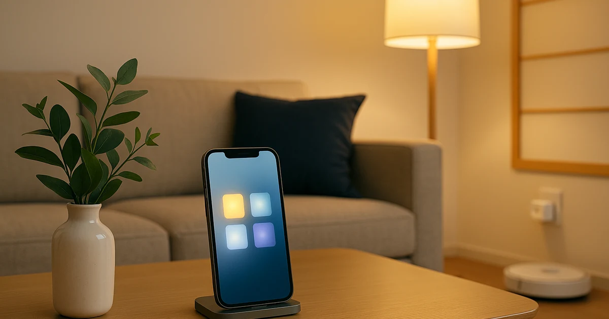 日本のリビングでスマホを主役に、フロアランプとスマートプラグを添えた写真風。外出・帰宅・就寝などのシーン自動化を連想させる落ち着いた電球色の構図。