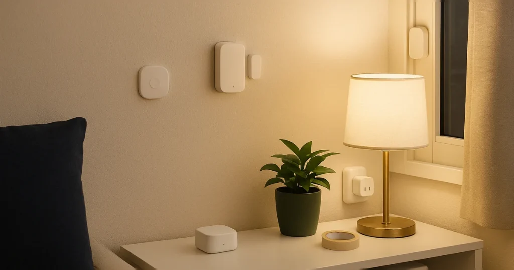 玄関ドアの後付けスマートロック、棚上の屋内カメラ、窓用開閉センサーを温かな室内光で整理配置。賃貸でも工事不要で始められる最短の防犯構成を想起させる写真風。